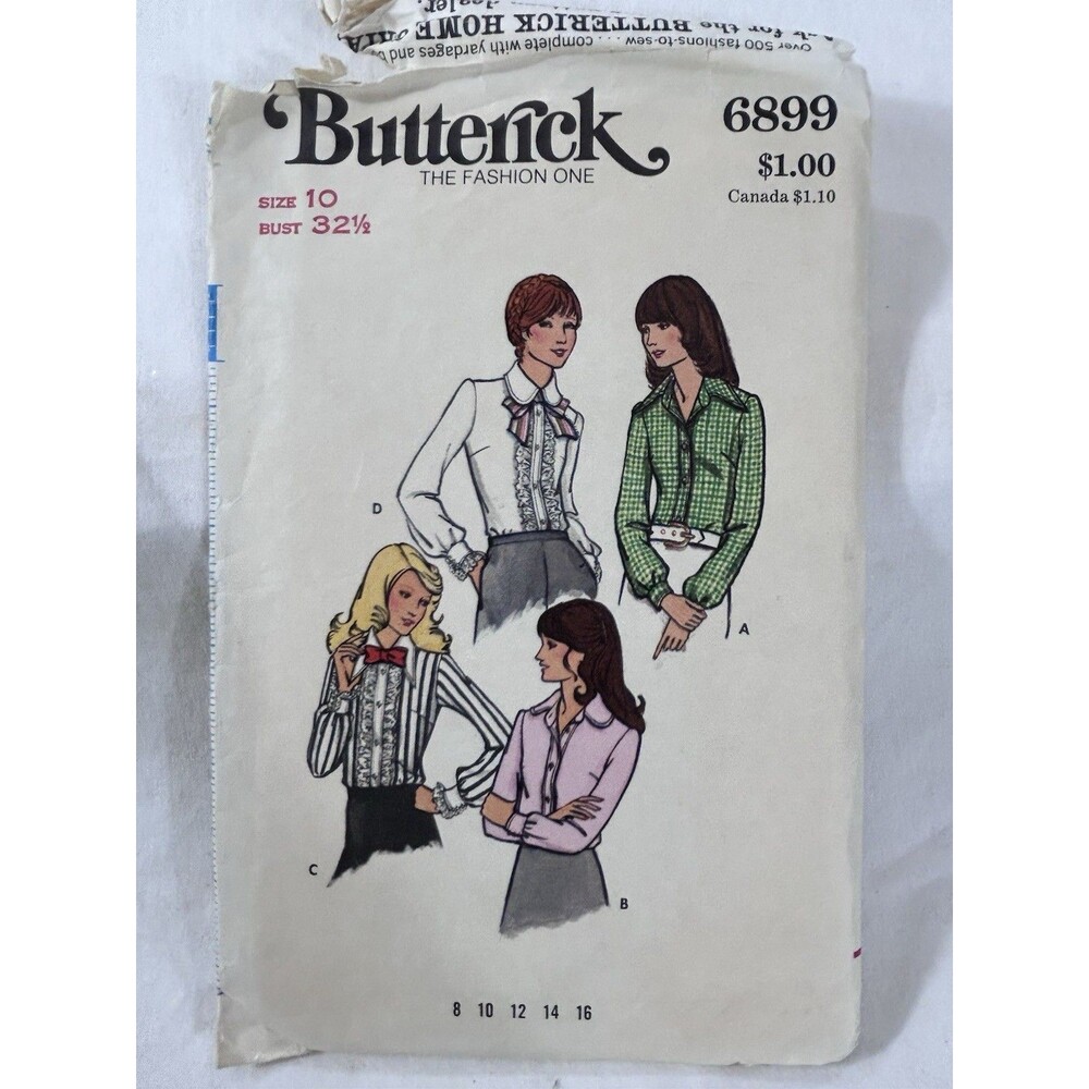 Vintage 1970s Butterick 6899 Ruffled Blouse Sewing Pattern Sz 10 CUT